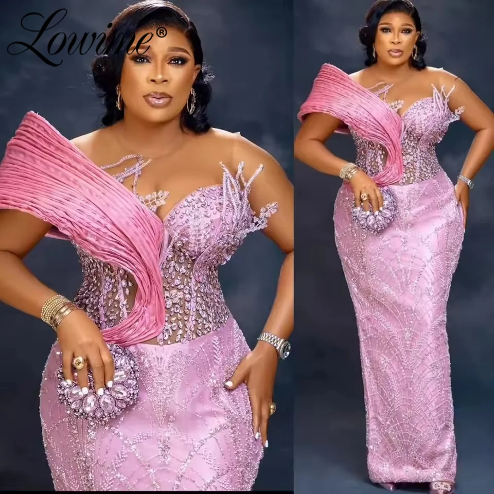 تخصيص Aso Ebi الوردي غمد فساتين لحضور الحفلات الموسيقية مطرز بلورات مساء حفلة رسمية فساتين عيد ميلاد ثانية رداء كتف واحد #1