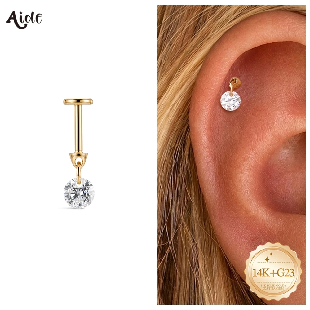 Aide 14K Solid Gold Minimal Round Zircon Dangle Labret Piercing Studs Stackable Daily Earrings For Women Gift Fine Jewelry