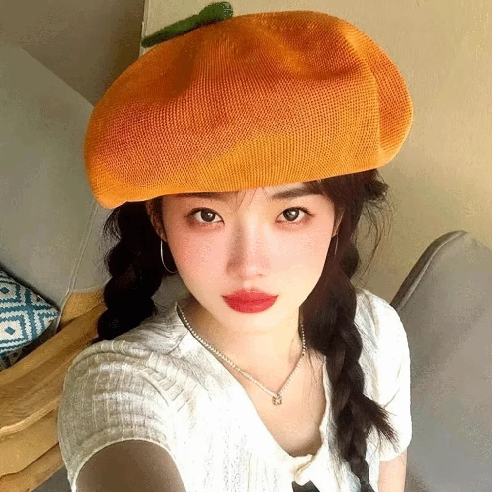 Sweet Red Apple Beret Cap Orange Shaped Soft Painter Hat Breathable Handmade Knit Beret For Lady Girls view 3
