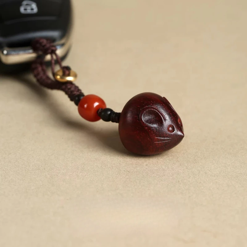 Small Leaf Red Sandalwood Rat Pendant Chinese Zodiac Phone Chain Bag Charm Car Keychain Ornament Gifts