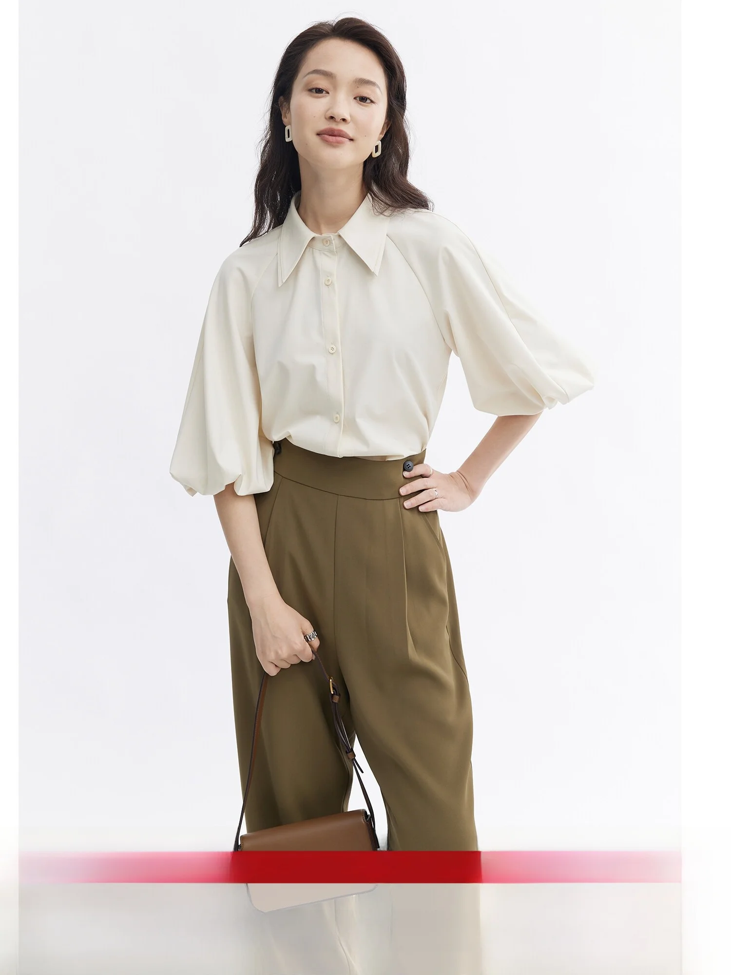 

Retro Sle Lantern Sve irt Double Collar Single Item Summer Faion Women's Loose Fit Polyester Blend irt