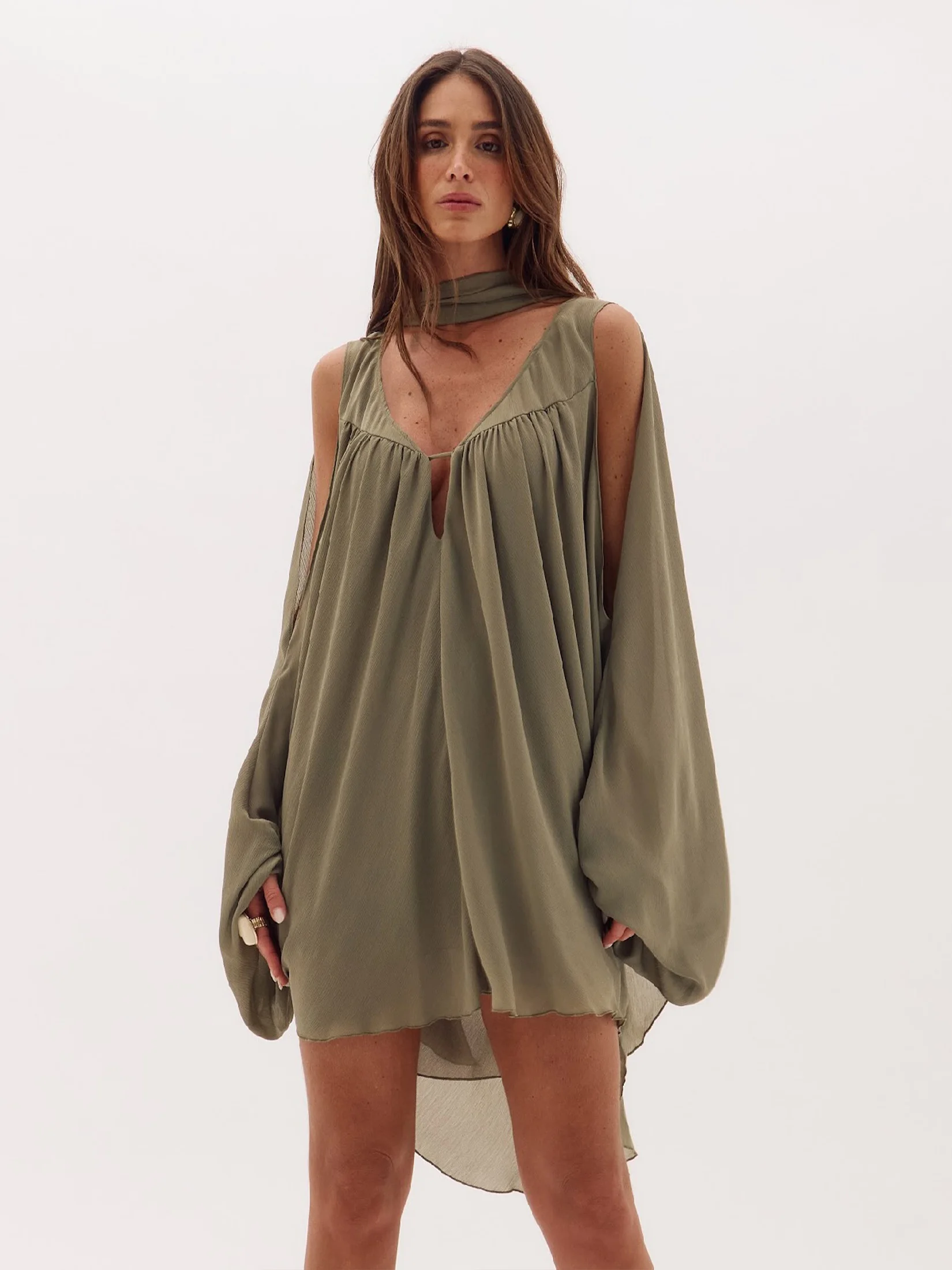 Boho Chic Women's Loose Self-Tie Belt Flowy Off-Shoulder Dress Sexy V Neck Mesh Dresses Women 2025 Fall Beach Mini Dresses C156