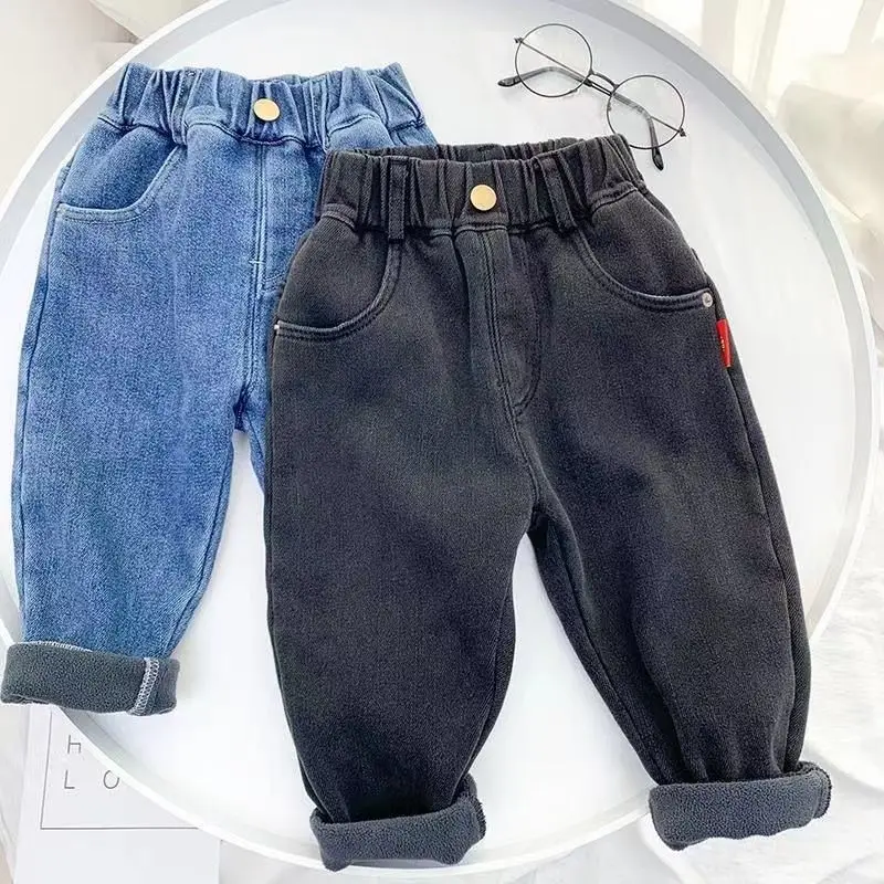 Jeans sarouel doublés en peluche pour garçons, pantalons en denim épais pour enfants, pantalons taille haute élastiques baggy, plus velours chaud,