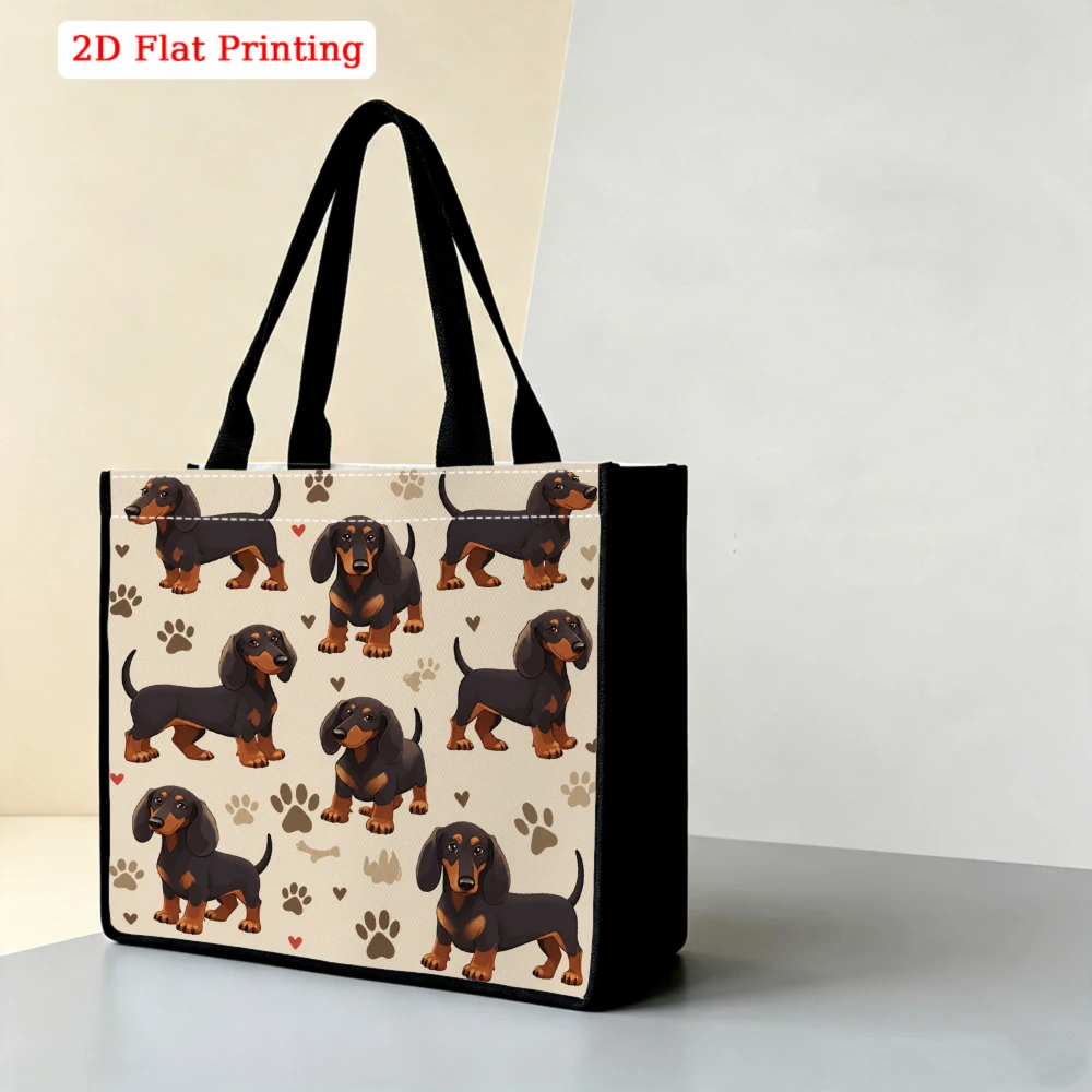 Cute Dachshund Full Print Paw Print Tiny Heart Bone Seamless Pattern Large Tote Bag, Warm Pet Aesthetic Handbag for Dog Lovers