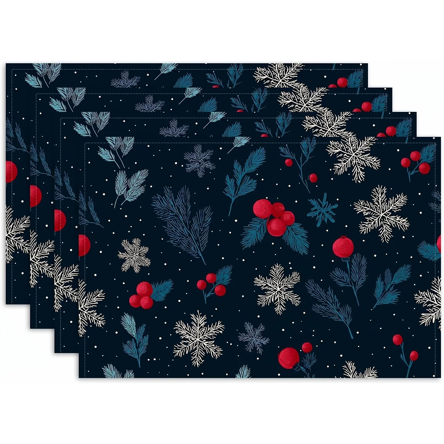 Winter Snow Berry Placemats Holiday Botanical Non Slip Table Decor Dark Navy Festive Supper Christmas Indoor Dining Table Gift