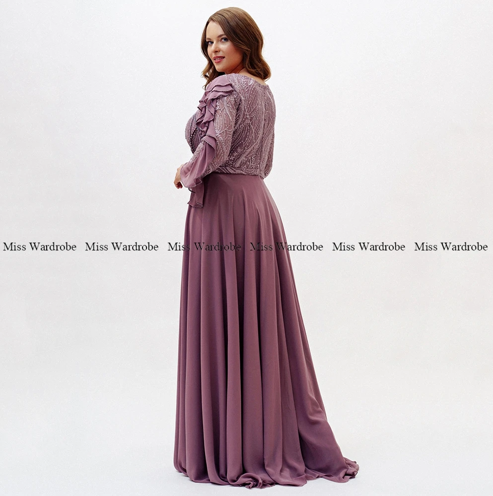 Elegant Purple Lace Evening Dresses Chiffon Beads Macrame Long Sleeves O Neck A-line Formal Prom Party Gowns Plus Zise 2022