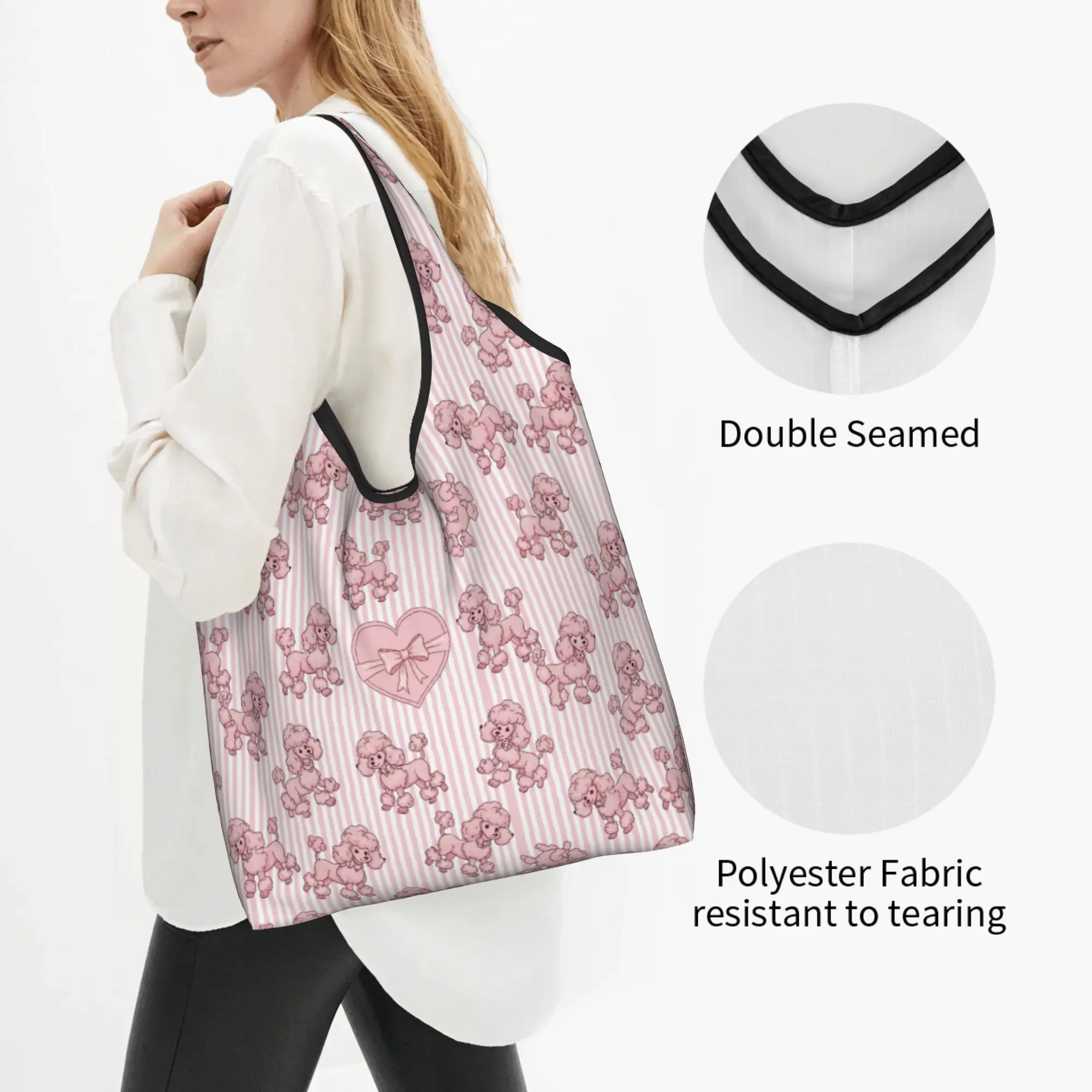 Recycling Pink Poodle Graphic  Shopping Bag Women Tote Bag Portable Pudel Dog Lover  Grocery Shopper Bags