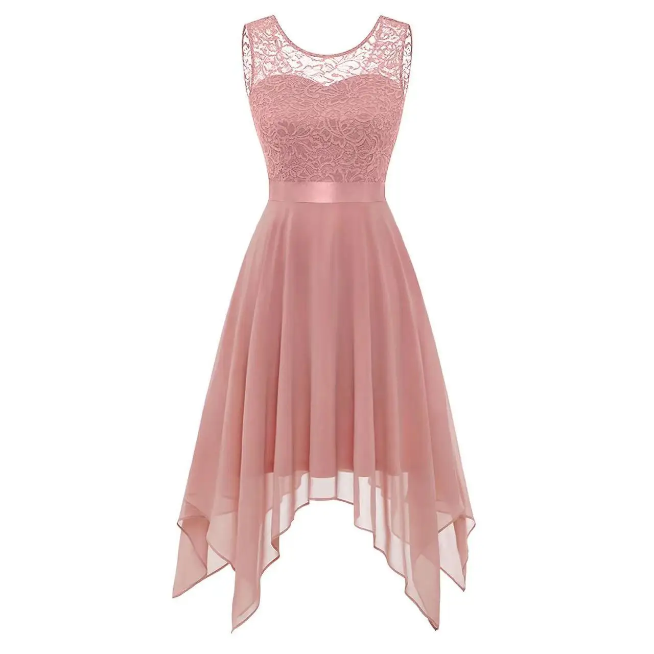 

Elegant Sleeveless Lace Chiffon High Low Cocktail Party Dress