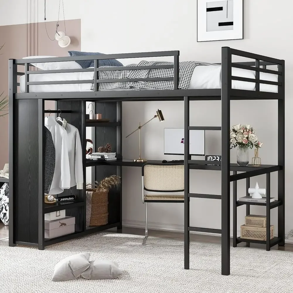 

Queen Size Metal Loft Bed with Desk, Wardrobe, Storage Shelves, Guardrail, and Ladder for Adult or Kids Bedroom, Black