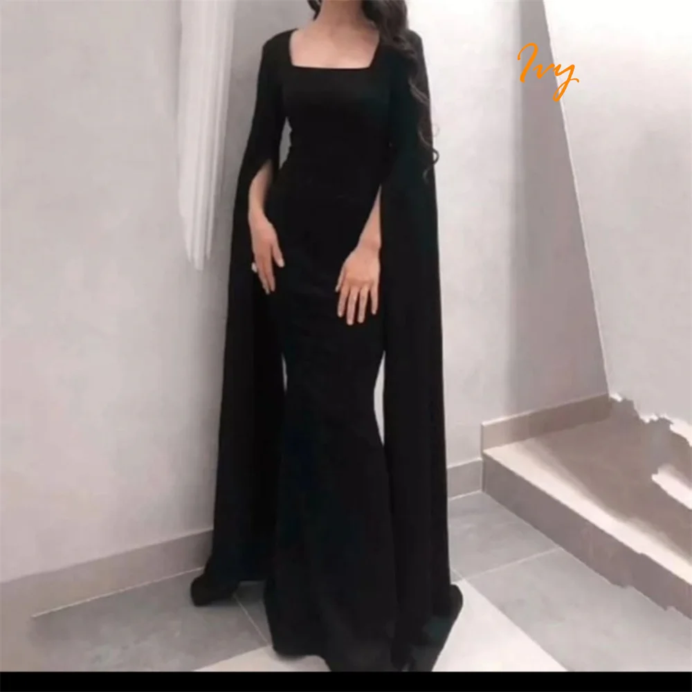ที่กําหนดเอง Mermaid ประณีตสีดํา Jersey ชุดราตรีโมเดิร์นสแควร์คอยาวแขนยาวชุดง่าย Celebrity Gowns