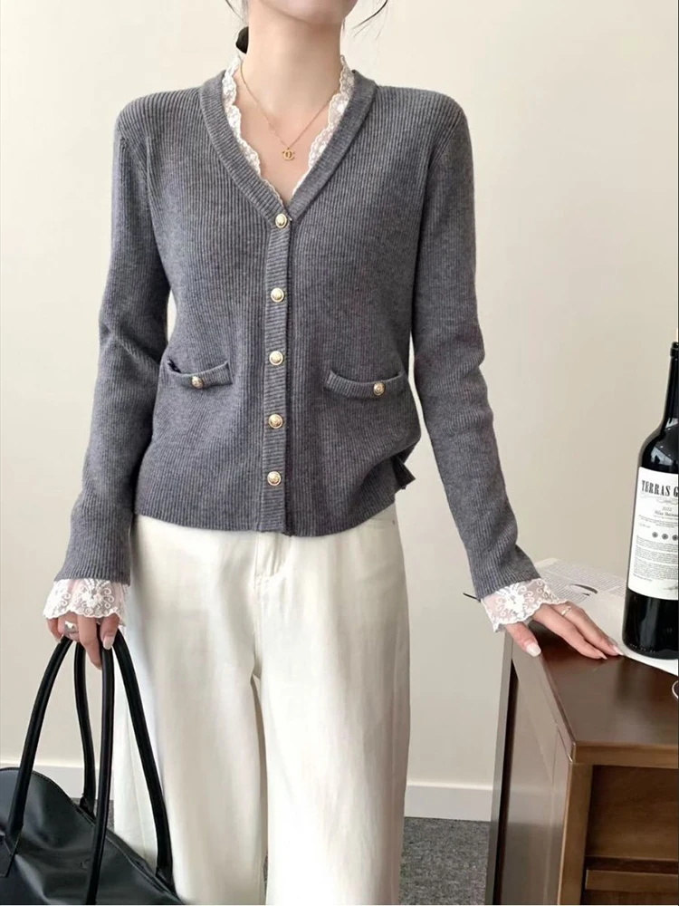 

Кружевной лоскутный вязаный свитер с длинными рукавами и v-образным вырезом для женщин ранней осени, корейский стиль, casuatl, шикарный дизайн, чувственный топ