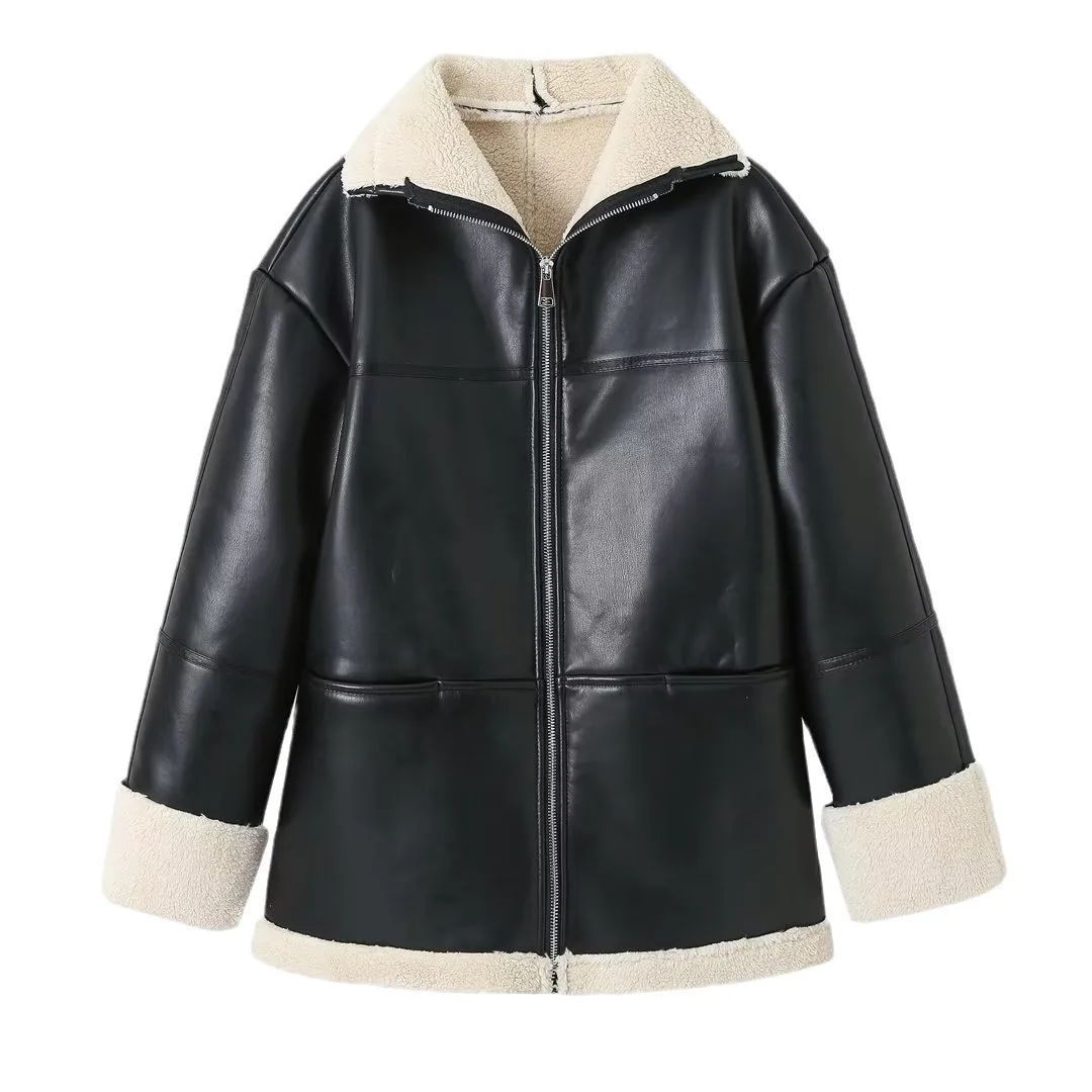 European and American Women's Clothing 2023 Autumn and Winter Fashionable Cashmere Leather Fur Collar Mid-length Leather Jacket