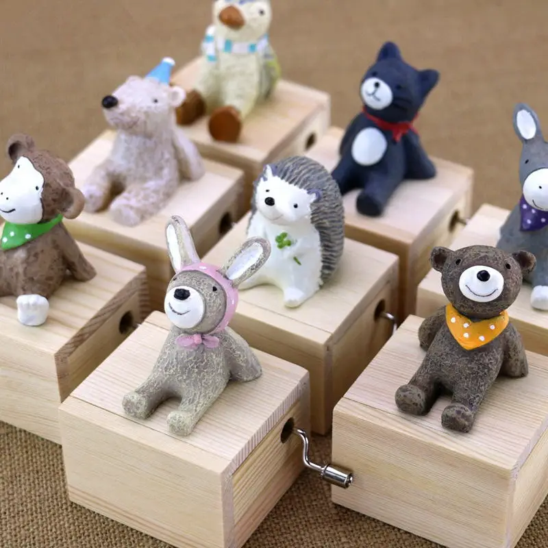 Decorazioni per la casa Artware regalo per bambini in legno carino Mini animale scimmia pinguino gatto cane orso carillon a manovella azionato a mano