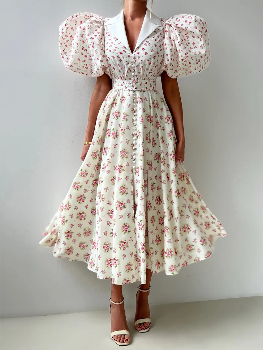 

Marthaqiqi Printing Ladies Sleepwear Turn-Down Collar Pajamas Short Sleeve Nightgowns Ankle-Length Dress Casual Female Nightwear