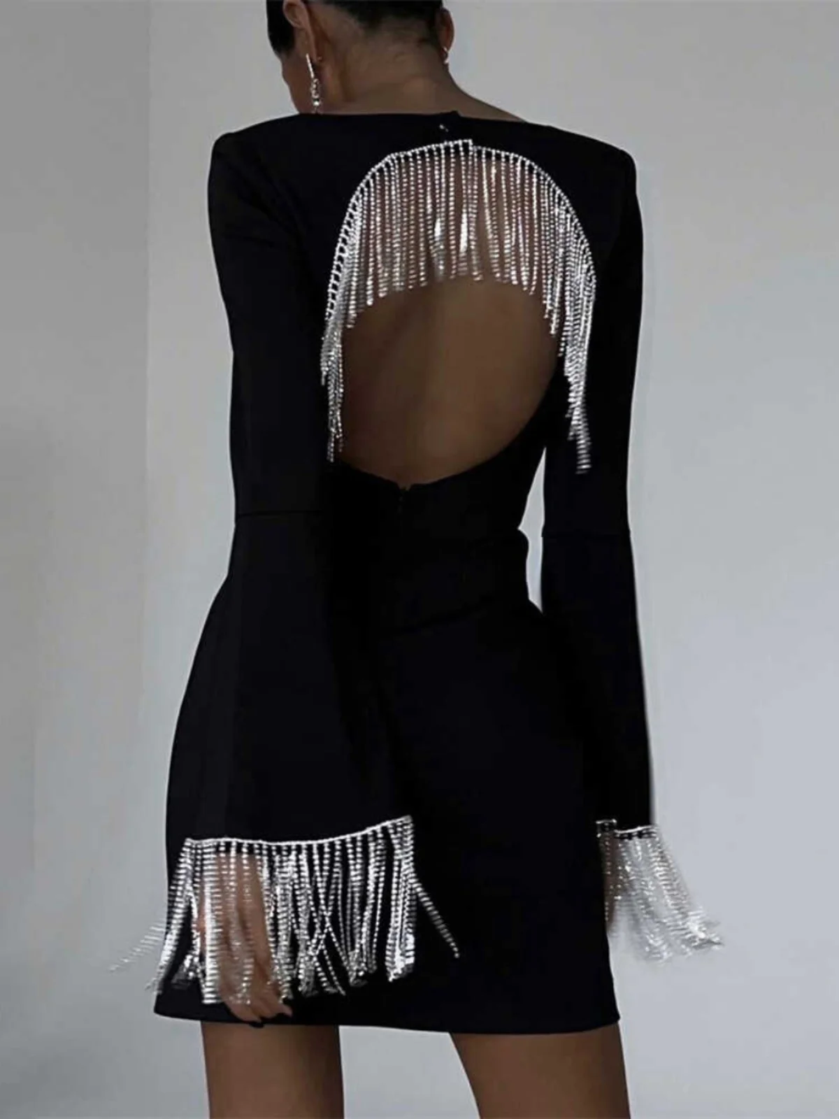 Ele Bla Evening Dr pour femme avec frange et chaîne en diamant Bell Sve Design Sexy ajouré taille haute Polyester S...