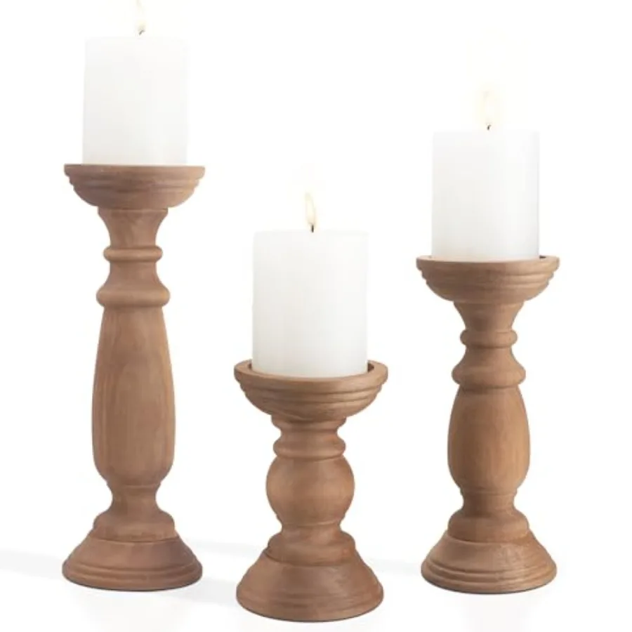 

Rustic Wooden Pillar Candle Holders Set of 3, 12'' 9'' 6'' Farmhouse Wood Candle Stand for Table Centerpieces, Vintage Tall Can
