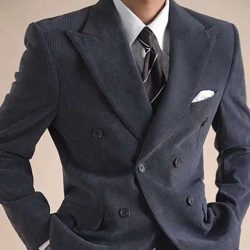 Casual Double Breastedฤดูใบไม้ร่วงหนาCorduroyเจ้าบ่าวผู้ชายTuxedoชุดนักออกแบบSlim Fitธุรกิจชุดแนวโน้มTraje Novio 2024