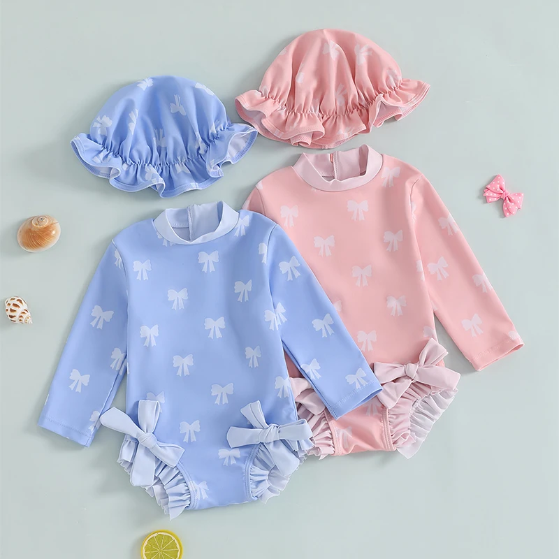 Maillot de bain à manches longues avec chapeau de soleil pour bébé fille, monokini à volants et imprimé avec nœud, tenue de bain pour nouveau-né de 3 mois à 3 ans