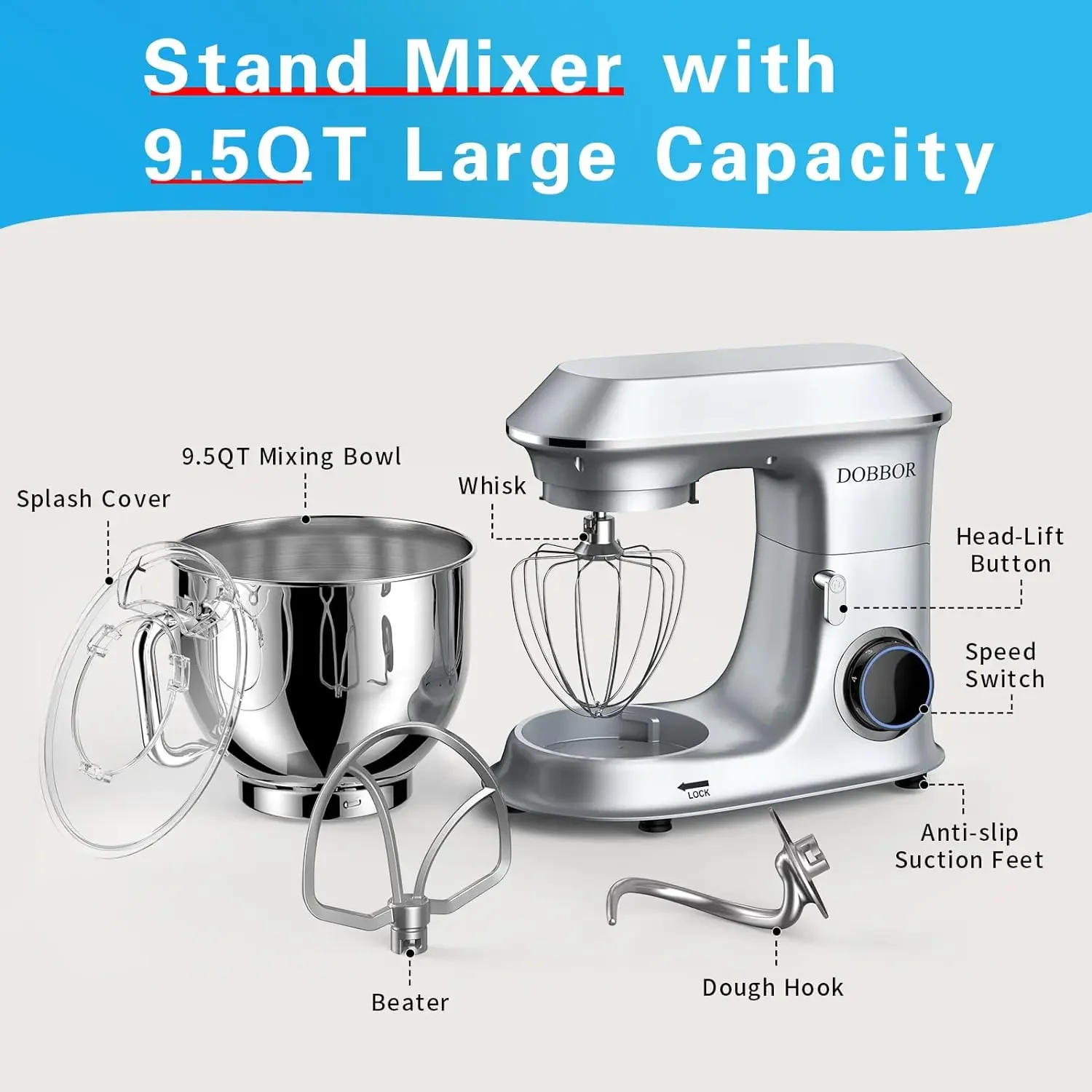 Mikser berdiri elektrik, 9,5qt 7 kecepatan 660W, mixer adonan kepala miring, Mixer roti dengan kait adonan, pengocok