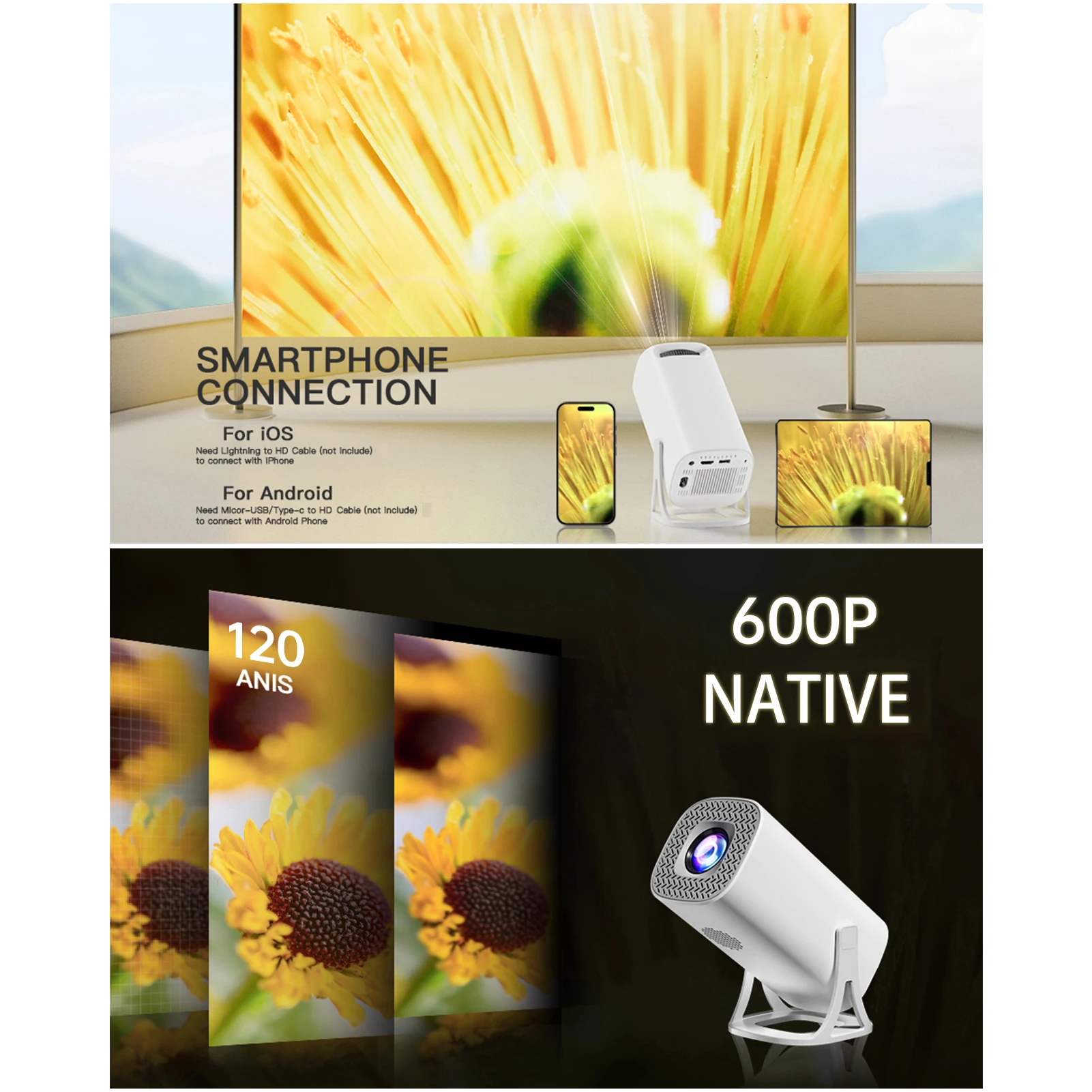 

Проектор 1080P WiFi BT5.2 Система Android 11, 180 ° Вращающийся кинопроектор с зеркальной техникой экрана 120 дюймов