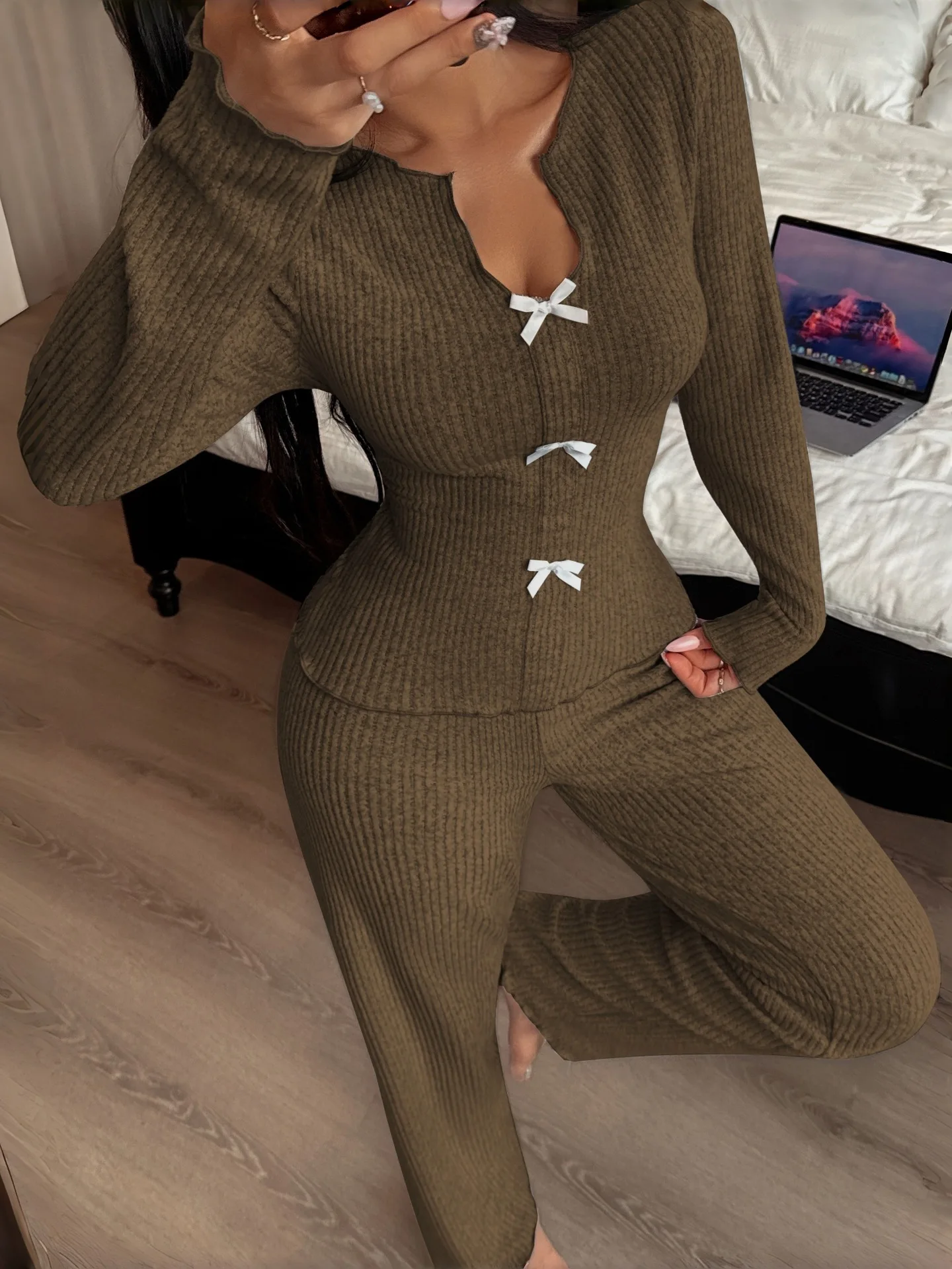 Vrouwen V-Ne Gebreide Trui Lange Sve Spwear Set Casual Sle Herfst Winter Thuis Kleding Tweedelige Set Europese Crt