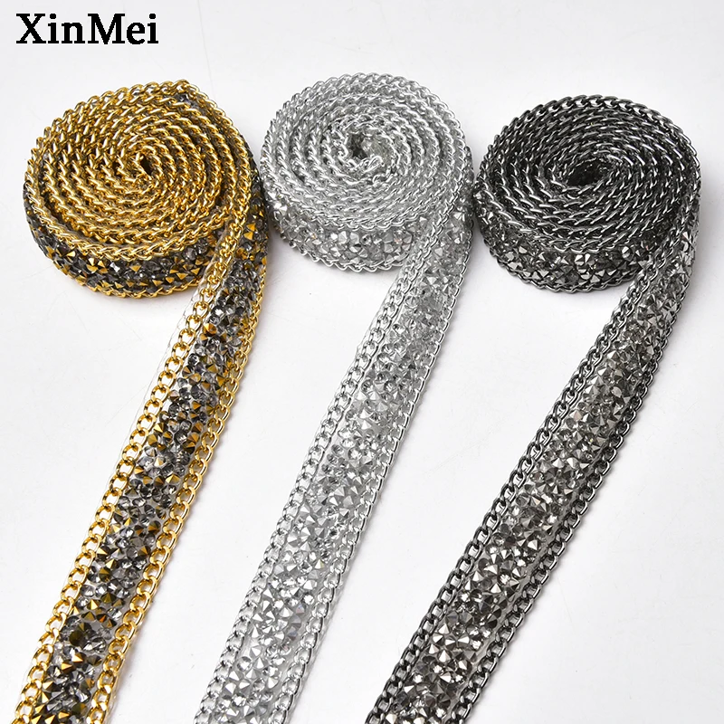 1 Yard Gold Grey Silver 1.7cm Glitter Glass Rhinestone Trim Iron on Strass Tape Crystal Chain Mesh Banding Garment Accessories