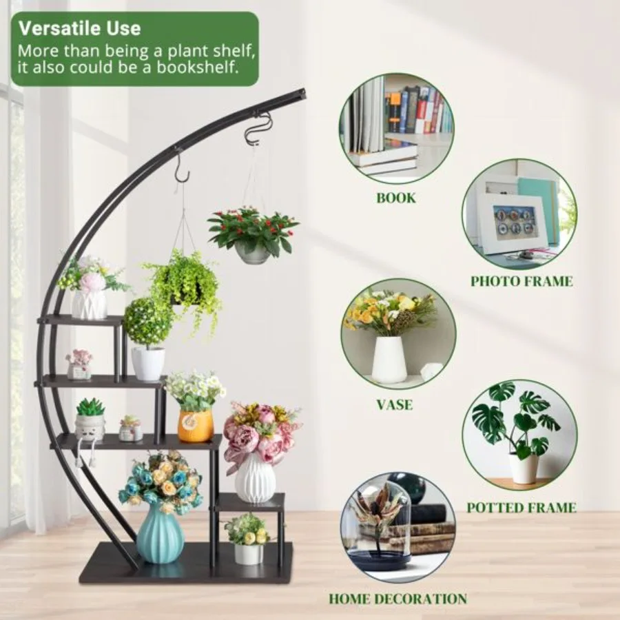 

Artisasset 5 Layers Semicircle Iron Wood Suitable For Garden Balcony Patio Lawn Home Dration Plant Stand Flower Pot Stand Iron