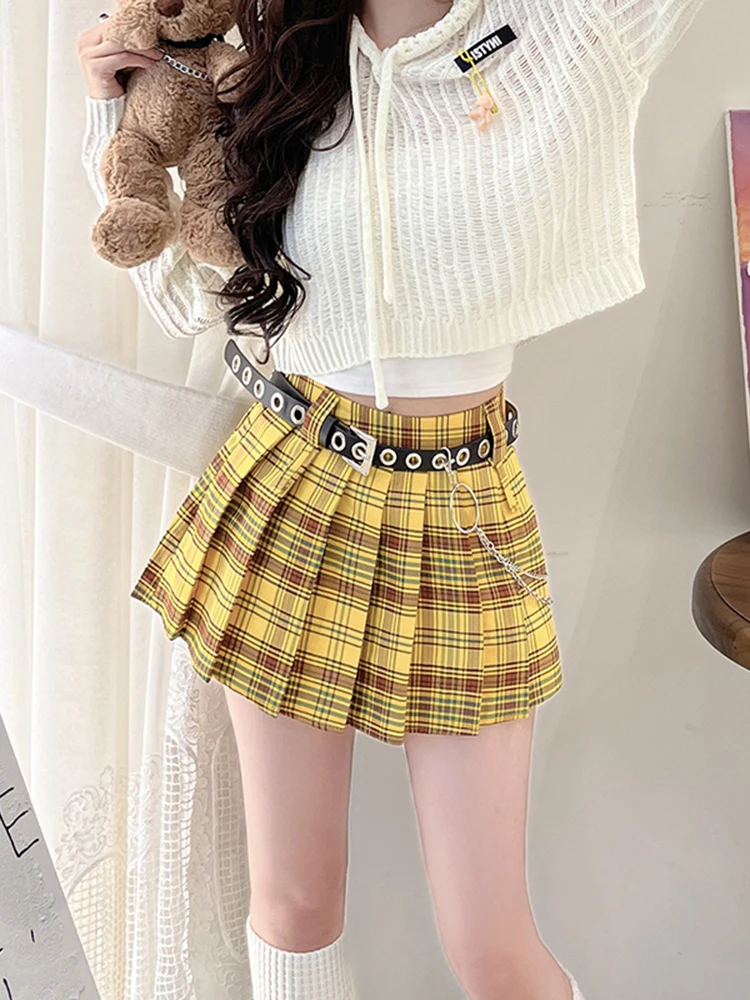 

Женская осенняя юбка ISNI в стиле панк с высокой талией, плиссированная, А-силуэта, миди, в клетку, для стройности, короткая юбка Ele Sle