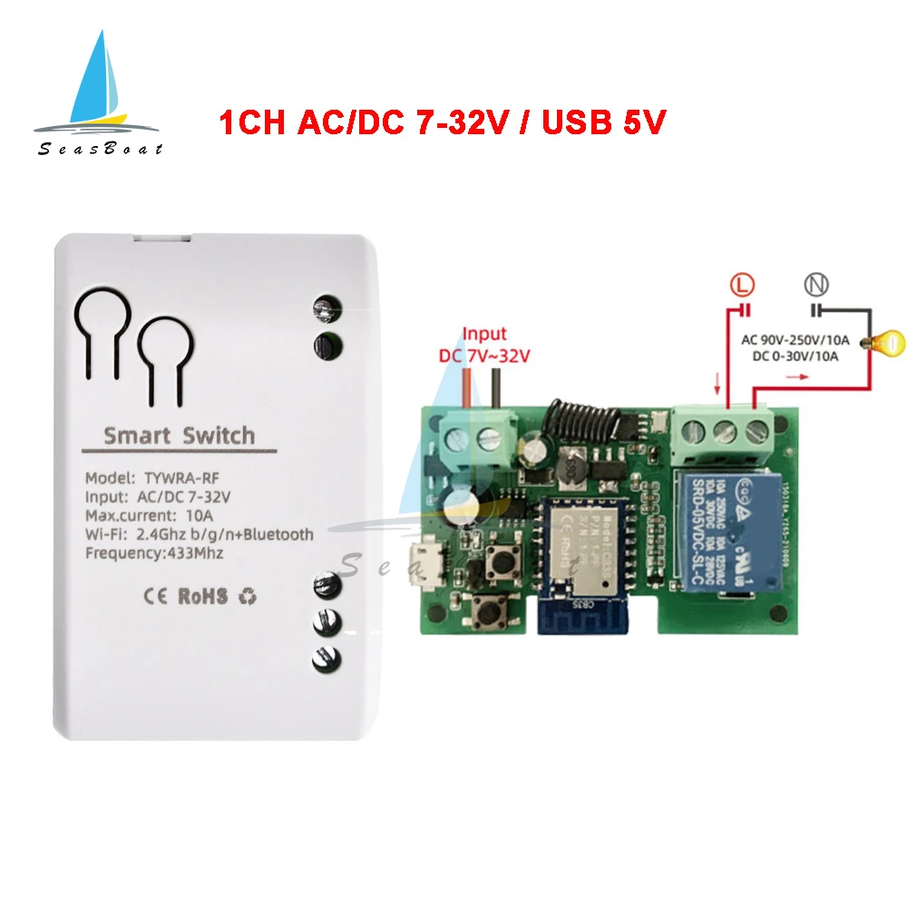 Tuya Smart Remote Control Wireless Wifi Switch Module 1/2/4CH DC 7-32V 5V 12V 24V 220V RF Receiver 10A wifi Relay