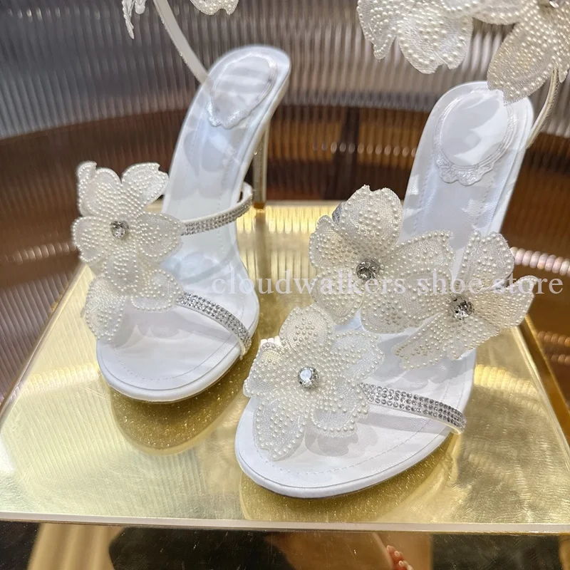 Summer Shiny Pearl Rhinestone Inlay Lace Flower Decor Gladiator Sandals Sexy Wrap Ankle Strap Stiletto Sandal Bride Wedding Shoe
