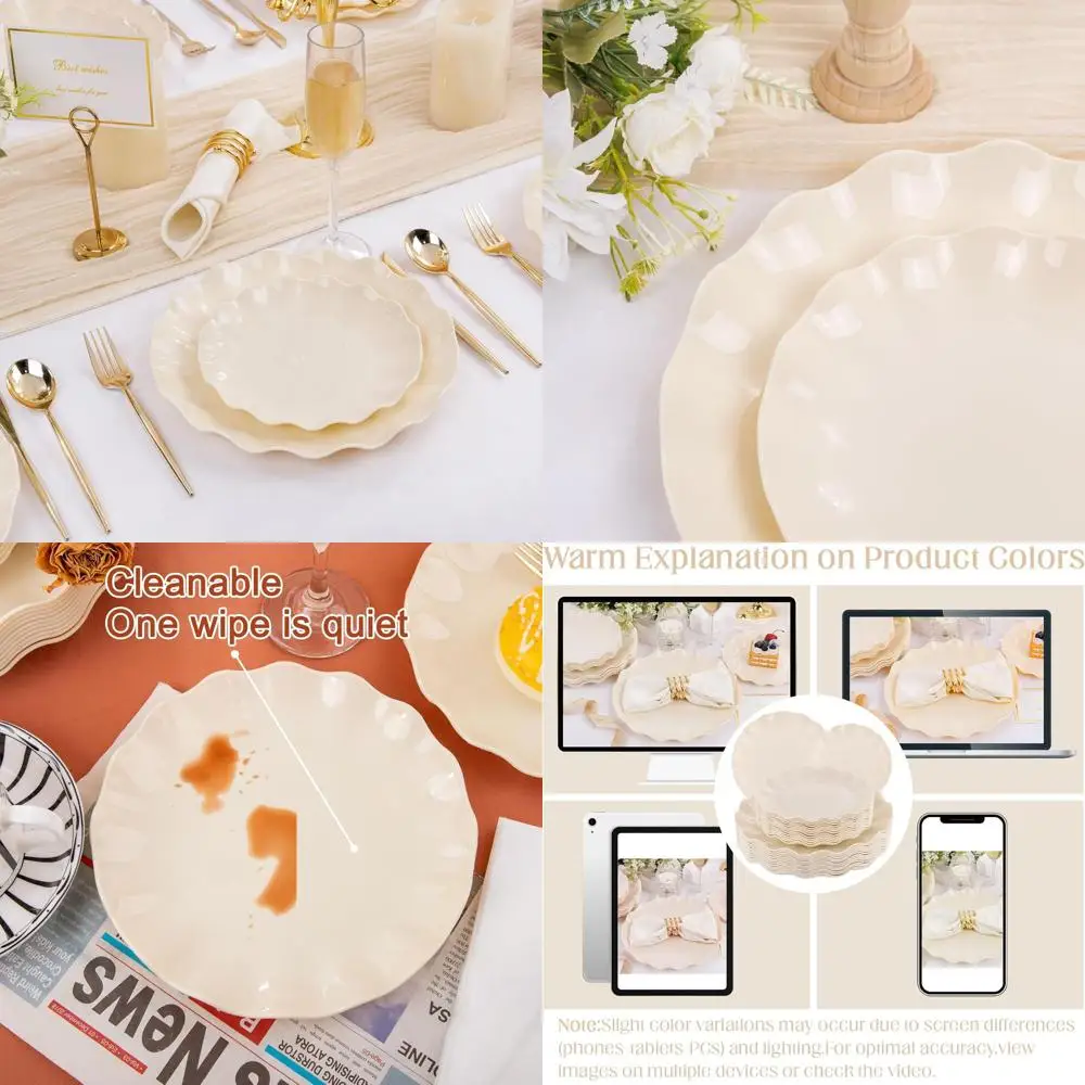 

24 Pack Reusable Ivory Plastic Plates, Scalloped Design, Dishwasher Safe, Ideal for Parties & Picnics, BPA-Free for 12 Guests
