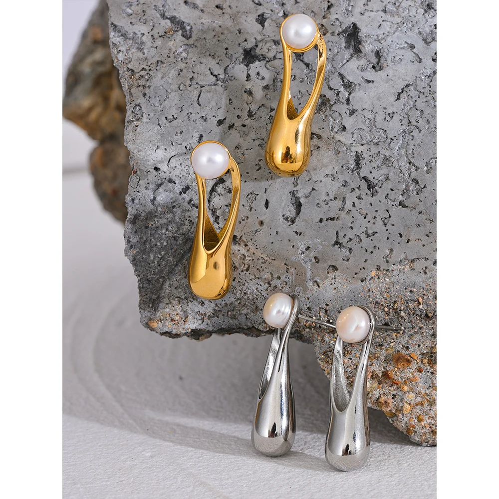 Yhpup Natural Pearl Stainless Steel Cast Geometric Elegant Long Stud Earrings Fashion Metal Golden Jewelry Prevent Allergy Gift image 4