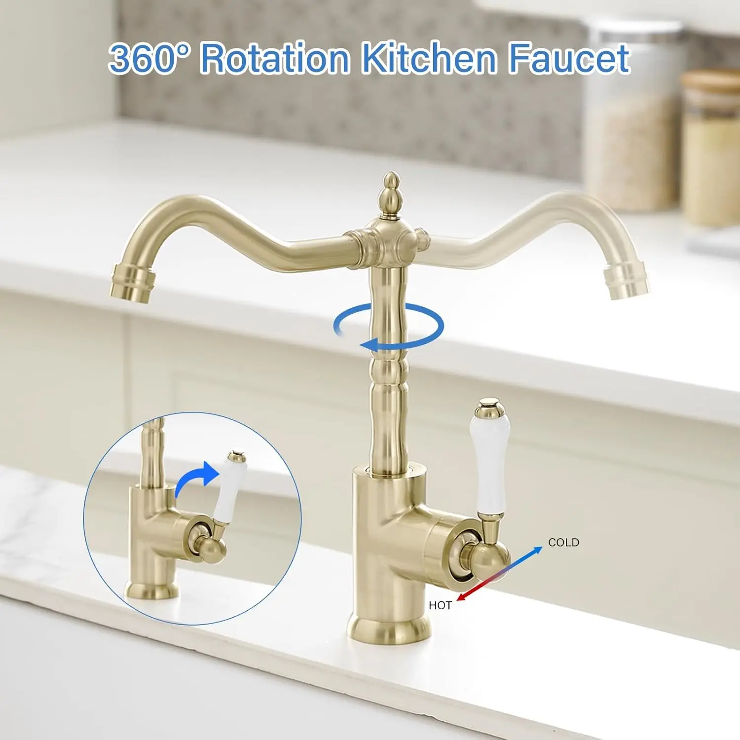 Brushed Gold Kitchen Sink Faucet Single Handle Bar for Kitchen Sink with 360° Swivel Spout High Arc Single Hole Wet Bar Fauc