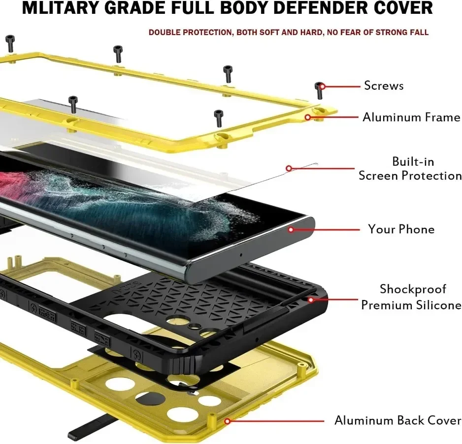 For Galaxy S23 Ultra S22 Plus IP68 Aluminum Metal Waterproof Case Underwater Diving Heavy Duty Shockproof Cover Screen Protector