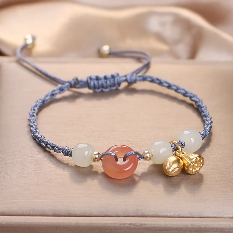 

Hetian Jade Safety Buckle Two Lives Joy Bracelet Handwoven Ancient Style Bracelet for Women Autumn Design Gifts