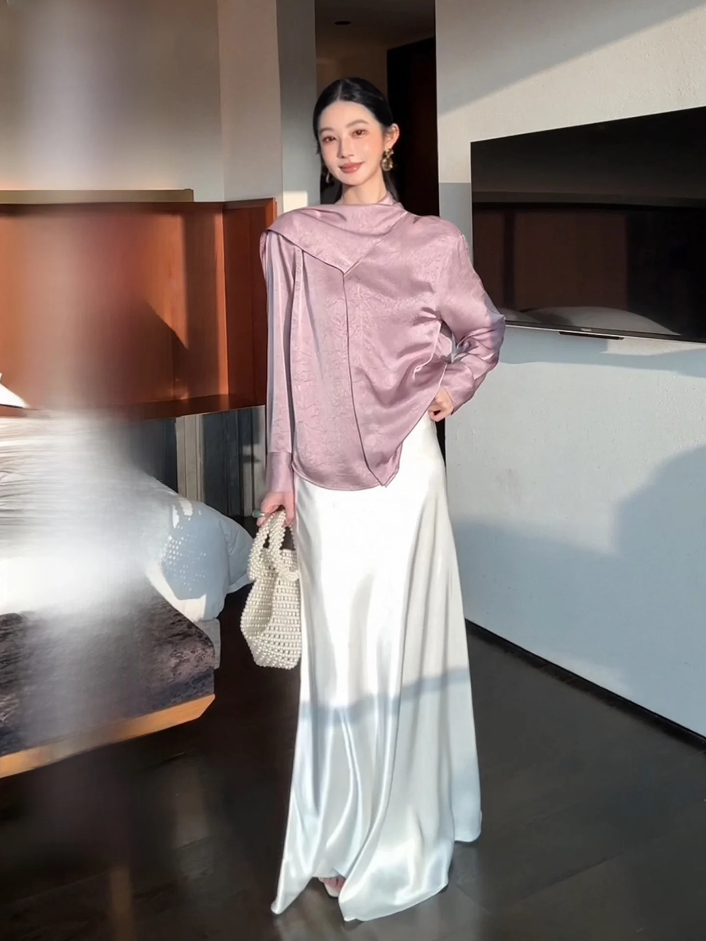 

Ele Purple Silk irt Women's Long Sve Floa Collar High-End Feel Aline ALIN Mist Light irt Summer 2025 Faion