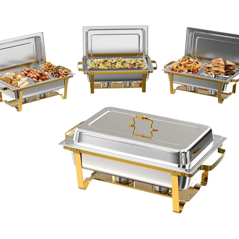 

4-Piece 9Qt Buffet Chafing Dish Set with Assorted Food Pans, Gold, Ideal for Party Warming Platters