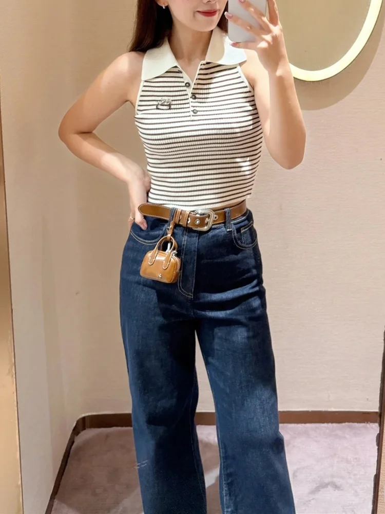 سترة نسائية محبوكة قصيرة بياقة بولو، بدون أكمام، مخططة، بأسلوب حلو، موضة صيفية راقية، ملابس محبوكة فاخرة للسيدات