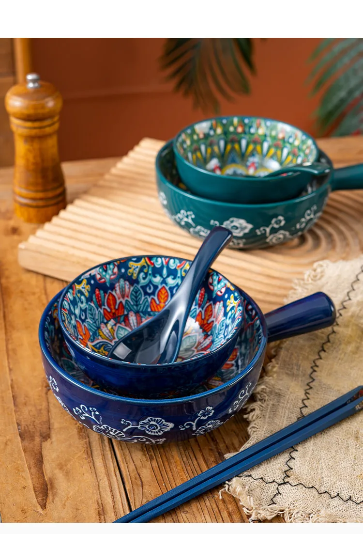 

Набор керамической посуды, миска с ручкой, бытовая миска для риса с ручкой, миска для лапши, чашка для завтрака, миска, палочки для еды и набор ложек