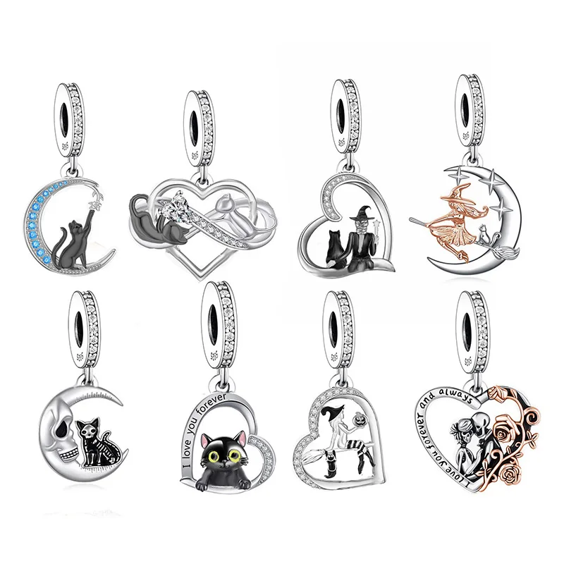 Fit Original Pan Charms Bracelet 925 Silver Witch And Black Cat Sitting On The Broom Moon Bead For Making Halloween Berloque