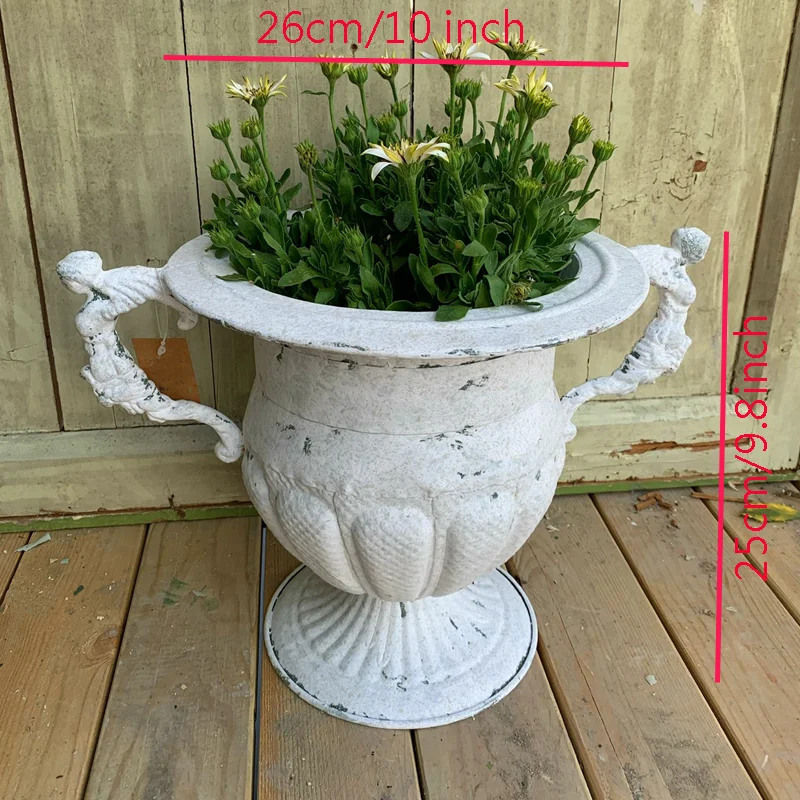 Vintage Metal Urn Planter, Retro Iron White Trophy Flower Pot, Rustic Handmade Pedestal Flowerpot