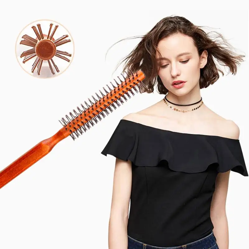 

● 1 шт., деревянная расческа для вьющихся волос, натуральная щетина кабана, вращающаяся щетка, круглая бочка, расческа для вьющихся волос, инструмент для укладки волос