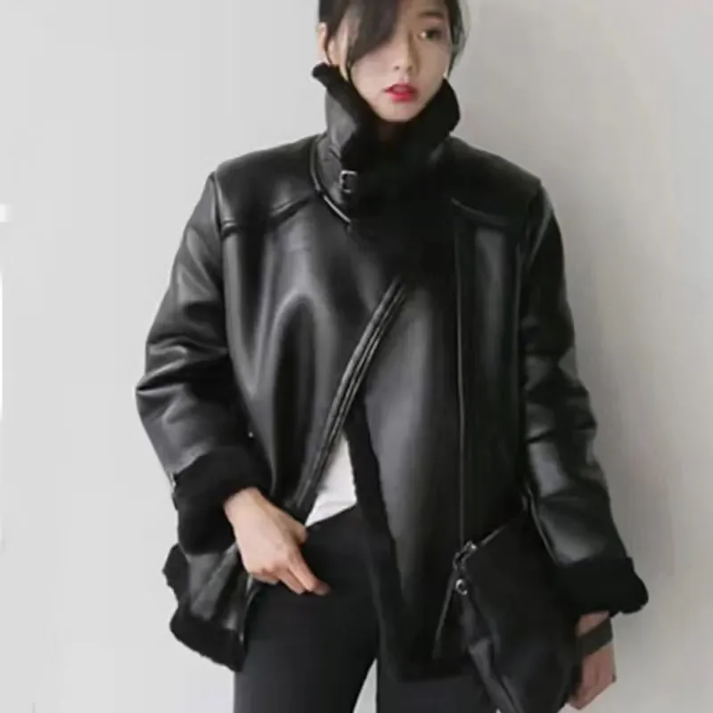 Autumn Winter 2024 New Plus Velvet Warm Parka Coat Fur One Thicke Waist Lambswool Jacket Leather Biker Clothing Women's Outwear