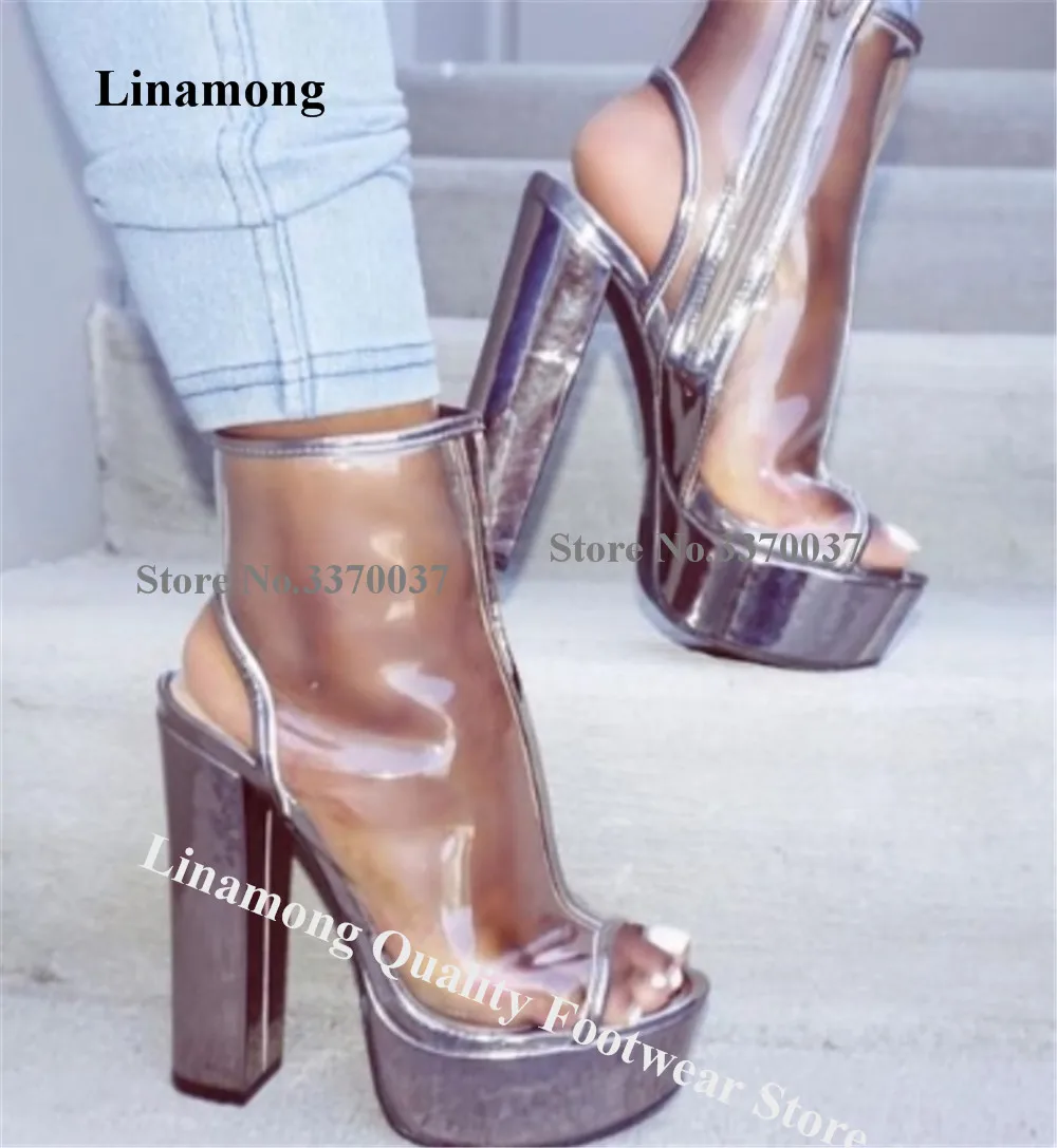 

Linamong Sexy Transparent Silver Chunky Heel Short Boots Peep Toe Zipper-up High Platform Thick Heel Ankle Booties