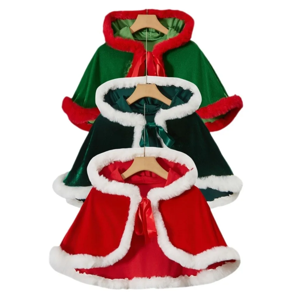 Fashion Polyester Christmas Hooded Cloak Thick Warm Xmas Cape Windproof Women Ponchos Christmas Party Costume