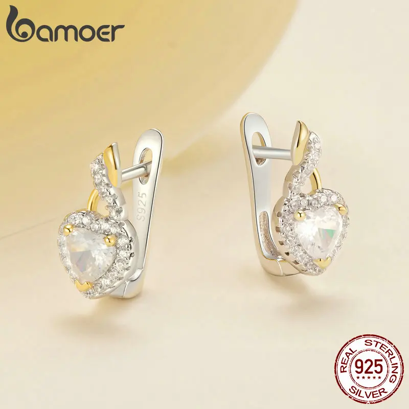 BAMOER 2024 New 925 Sterling Silver Delicate Heart-shaped Ear Buckles, Gold Plated Two-tone Infinity Hoop Earrings for Women