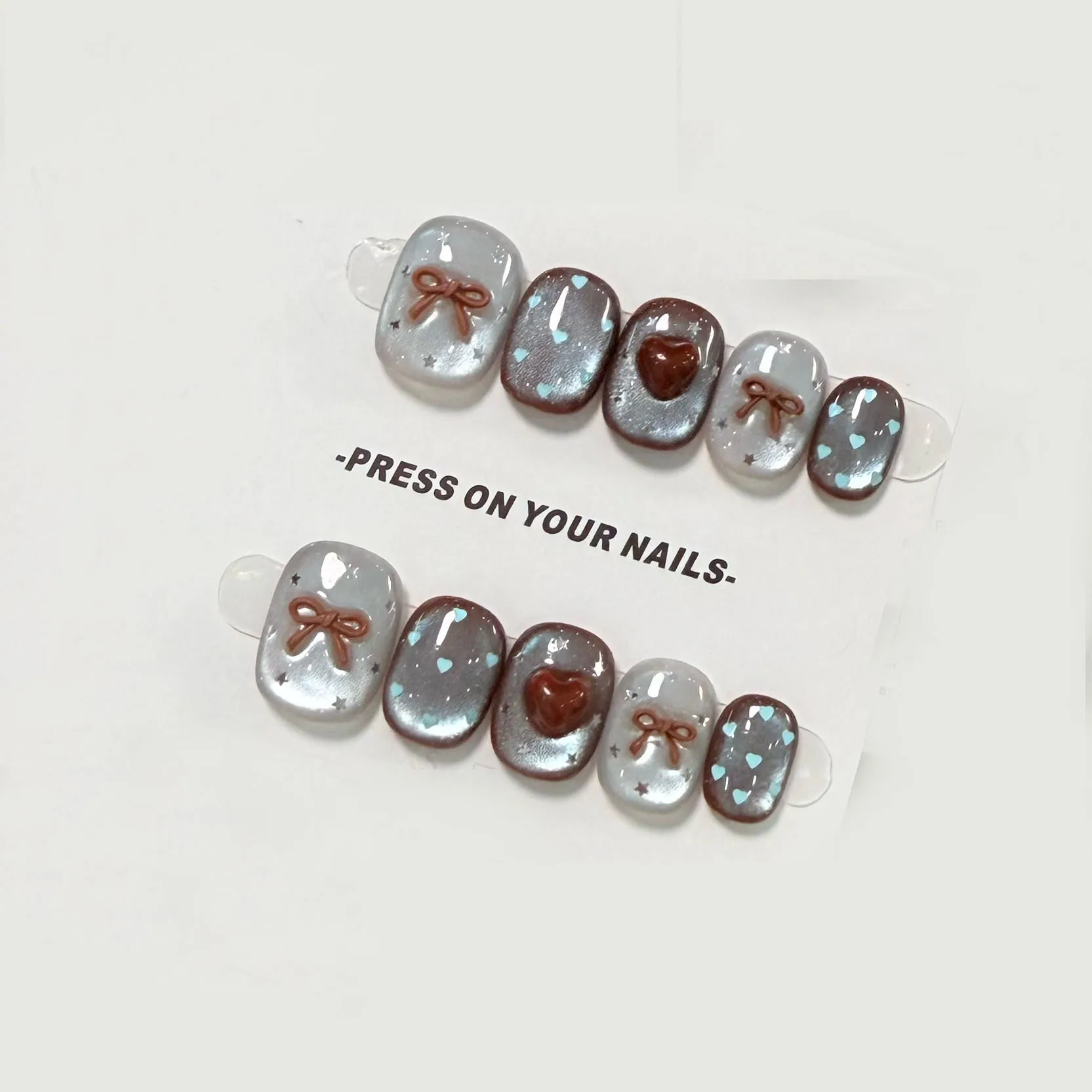 

10pcs Handmade Press on Nails Blue and Brown Cat's Eye Bow Full Coverage Nail for Women&Girl Short Removable Wearable False Nail