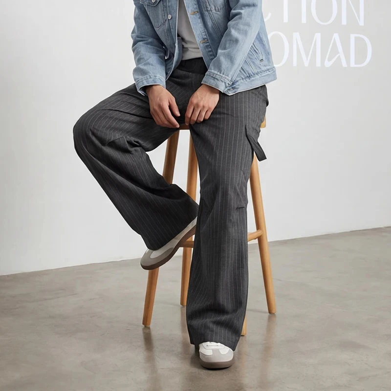 Grey Pleated Striped Men's Suit Pants Three Dimensional Niche Casual Trousers Unisex American Style Loose Draped Long Pants