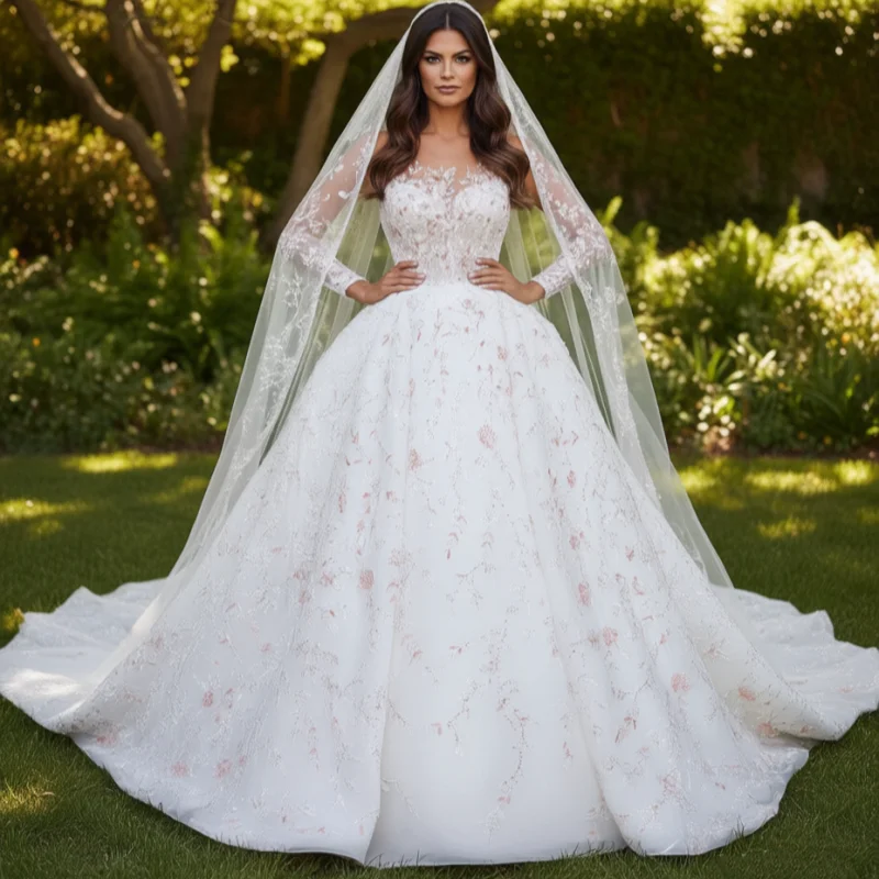 Customized 2026 New white elegant fluffy skirt wedding dress satin lace embroidery sequin decoration Vestido De Novia