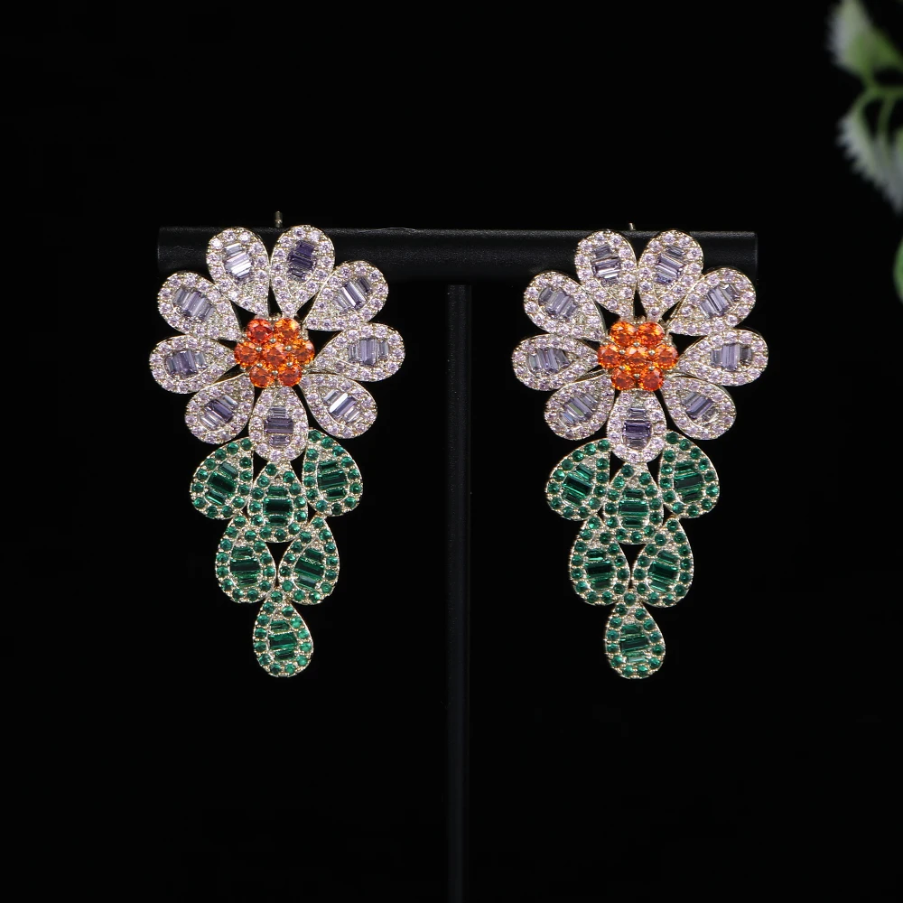 Luxury Trendy Multicolor Flowers Earring For Women Wedding Party Indian Dubai Bridal Jewelry Boucle D'Oreille Femme Gift A0148